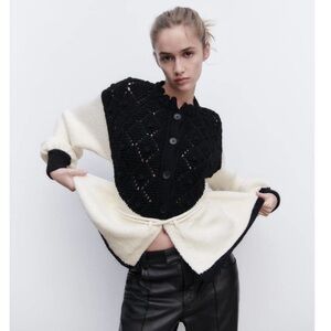 Zara Womens SS23 Black and White knit drawstring cardigan